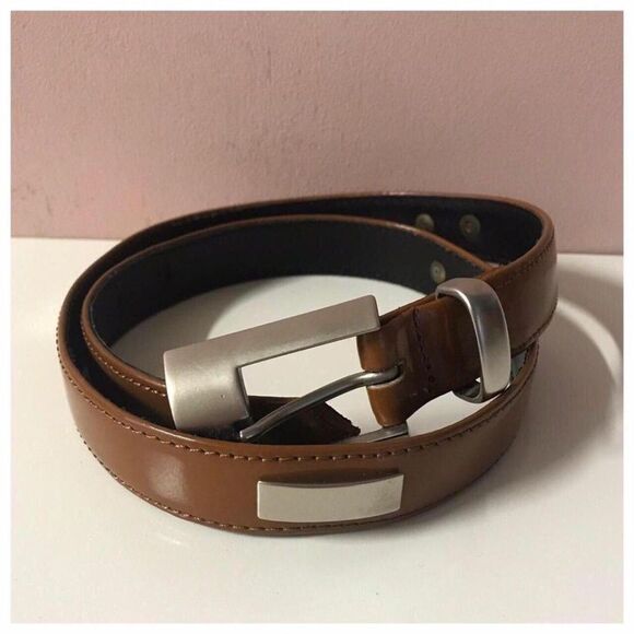 Vintage Elisa Paris Cognac Brown Leather Rectangle-Studded Belt GUC - Picture 2 of 7